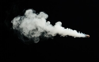 Poster - white smoke plume billowing against a stark black background. the smoke emanates from a small, indis