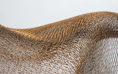 Poster - Abstract image of a brown, woven, net-like structure against a light gray background. The texture is intricate and the form is fluid and dynamic