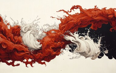 Poster - Abstract digital art of red, white, and black paint swirls. Dynamic and energetic composition with a textured background. The colors are vibrant and create a sense of movement and energy