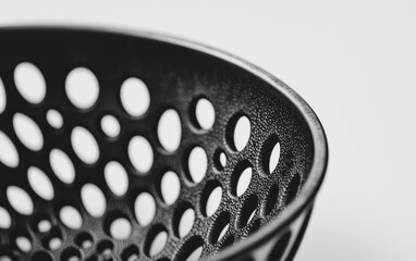 Poster - Close-up of a black perforated bowl with a textured surface. The image is in monochrome, highlighting the intricate design and details of the object. The shallow depth of field emphasizes the
