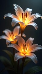 Aufkleber - Illustration of glowing white lily flowers with dark background. Bright floral design with illuminated petals, details. Artistic nature composition for banner design advertising purposes, perfect for