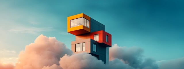 Poster - a bold futuristic apartment tower with a striking geometric facade of metal and glass seemingly defy
