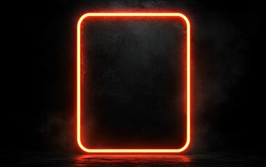 Fototapete - Glowing orange neon rectangular frame against a dark background with subtle dust particles. The frame is brightly lit, creating a striking contrast against the dark setting. The image has a
