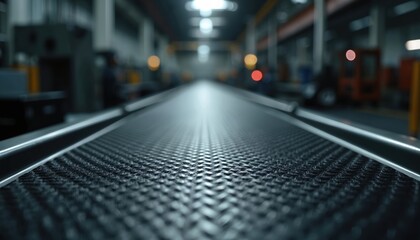 Poster - Close-up carbon fiber texture on industrial conveyor belt. Modern technology, composite material. Dark background in factory setting. Durable material for automotive industry, aerospace applications.