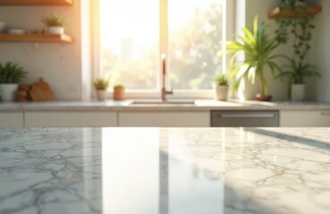 Aufkleber - Empty marble countertop kitchen with sunlight streaming through window. Modern home interior design with natural light. Bright workspace with minimalist style, ideal for product display presentation.