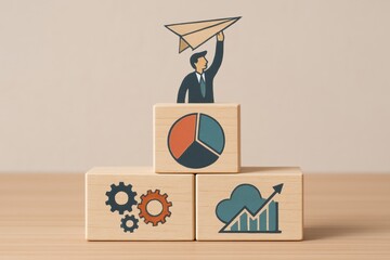 Poster - Paper Plane Ascent: Symbolic imagery depicts a business person launching a paper plane from atop of wooden blocks, illustrating growth, innovation, and goal-oriented strategy. 