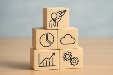 Poster - Strategic Blocks: A visually striking image features wooden blocks, each artfully etched with a series of symbols that represent business elements. These include charts, cloud, gears, graphs.