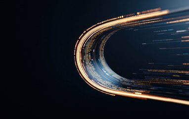 Fototapete - Abstract digital art depicting a glowing, curved tunnel of light against a dark background.  The light trail is composed of numerous small, colorful particles. The overall effect is dynamic and
