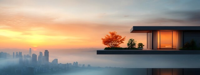 Poster - A contemporary glass walled luxury highrise apartment building nestled amidst the urban landscape providing a panoramic view of the city skyline at a serene sunset moment