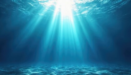 Aufkleber - Illustration depicts an underwater scene with sunbeams. Blue ocean with light rays filtering down, creating depth. Tranquil seascape for marine eco themes, diving travels and ocean life designs.