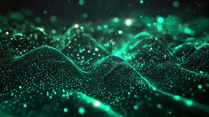 Poster - Glowing digital particles flowing in abstract waves background wallpaper technology digital environment abstract concept