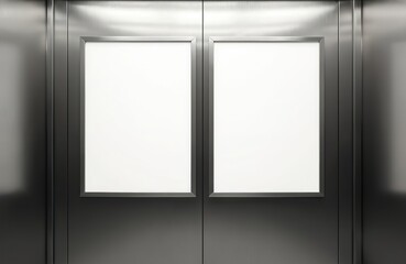 Aufkleber - Elevator interior with empty poster frame mock up. Vertical poster templates in metal frame on silver doors. Blank advertisement, message display space for promotion, marketing, advertising.