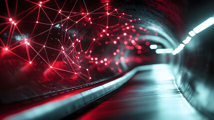 Poster - Neural network insights in a red-illuminated tunnel abstract background wallpaper futuristic design technology concept
