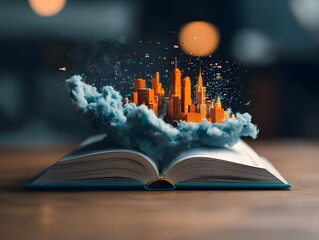 Poster - A digital visualization of a sleek futuristic cityscape emanating from the pages of an open book blending the convergence of information and advanced technology