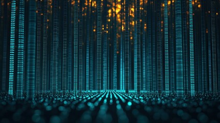 Poster - Futuristic Digital Forest with Glowing Blue Structures and Amber Particles in a Tech-Inspired Environment