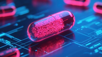 Poster - Vibrant Pink Capsule with Bubbles on a Futuristic Background of Circuitry and Digital Patterns