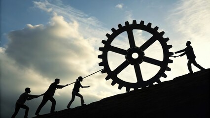 Poster - Silhouettes of people pulling a large gear against a cloudy sky, symbolizing teamwork and industry.