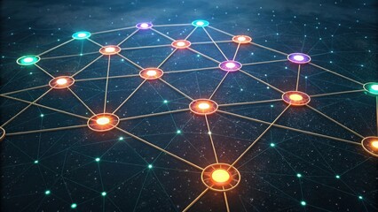 Aufkleber - Digital network layout with interconnected nodes and glowing elements against a dark background, representing technology and innovation.