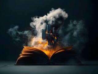 Poster - A futuristic open book emitting a cascading digital flow with an advanced cityscape of towering skyscrapers in the background representing the fusion of knowledge technology and urban innovation