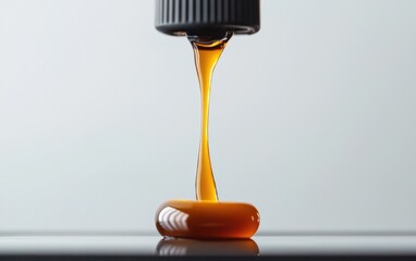 Poster - Amber liquid pours from a bottle onto a reflective surface, forming a drop. The background is a simple, light gray.  Close-up shot