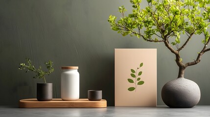 Poster - A minimalist eco friendly packaging prototype featuring a debossed leaf pattern on crisp white cardboard showcased in a tranquil studio setting with natural lighting and organic decor elements