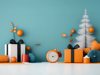Poster - A modern minimalist still life arrangement featuring geometric shapes bold colors and sustainable packaging and holiday decor elements against a clean white studio backdrop