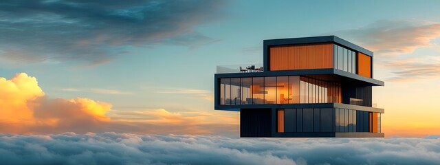Poster - A rendering showcasing the clean geometric design and sleek glass and steel facade of a new luxury residential apartment building set against a dramatic colorful sky