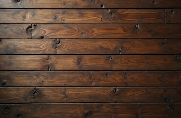 Poster - Vintage brown wood background with knots and nail holes. Old painted wooden wall dark horizontal boards. Front view with copy space ideal for product demonstration or advertising banner.