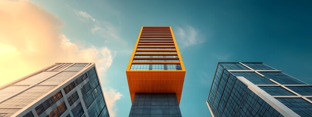 Poster - A striking contemporary skyscraper with a bold angular glass and concrete facade showcasing a dynamic interplay of light shadow