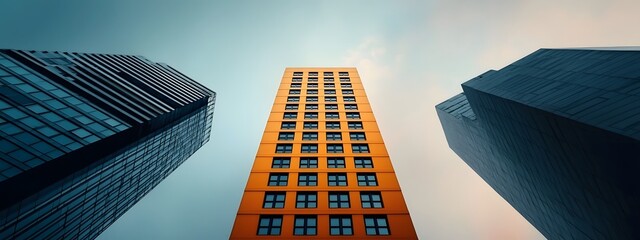 Poster - A striking highrise building featuring sleek geometric forms glass and steel construction and a minimalist aesthetic set against the backdrop of a modern urban cityscape