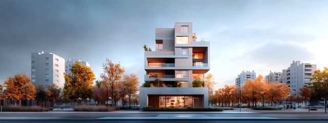 Poster - a striking multi story residential tower with a geometric faade stands amidst a backdrop of autumn h