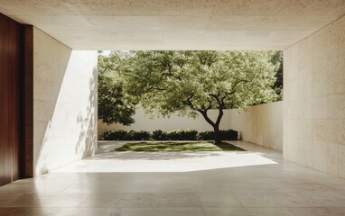 Poster - Sunlit courtyard garden view framed by a minimalist concrete structure.  A lush green tree is the central feature, with sunlight casting shadows on the light beige stone floor