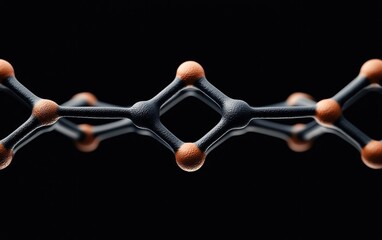 Aufkleber - Abstract 3D rendering of a molecular structure.  Dark background, metallic orange spheres connected by dark grey rods. Focus is on the central section of the chain