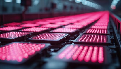 Poster - Rows of LED screens on factory production line during testing. Red lights on, electronic panels close-up. Tech production process, modern equipment, digital devices, futuristic design.