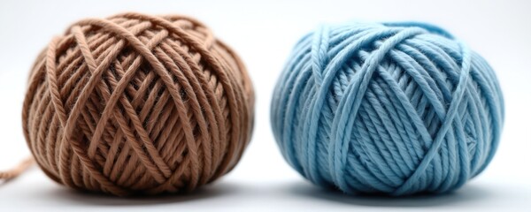 Poster - Two balls yarn. Brown, blue colors. Threaded textile fiber material. Knitting, crochet concept. Handmade craft for decor, design, sewing, hobby, art, creative projects. Warm cozy atmosphere,