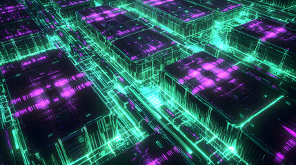 Poster - Visualizing cloud computing and decentralized systems with neon background wallpaper in a digital environment