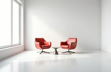 Poster - Minimalist interior features two red leather chairs, modern table. Bright white room design, natural light from big window. Comfortable seating, waiting reception area, luxury home decor. Perfect for