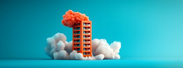 Poster - A visually striking futuristic residential tower featuring an innovative angular architectural design with bold contrasting colors and a dramatic cloud filled sky backdrop