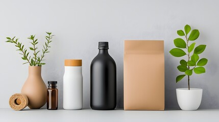 Poster - A white minimalist product display showcasing various natural and sustainable packaging options including bottles containers and paper products with a focus on eco friendly design and materials