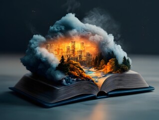 Poster - An imaginative depiction of an open book revealing a futuristic cityscape pulsing with data visualizations symbolizing the convergence of human knowledge metropolitan environments