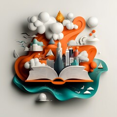 Poster - An open book acting as a gateway to a vibrant technology driven cityscape brimming with architectural wonders symbolizing the blending of intellect urban dynamism and digital innovation
