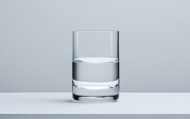 Poster - Half-filled glass of clear water on a light gray surface against a light gray background.  Simple, clean studio shot with minimal elements