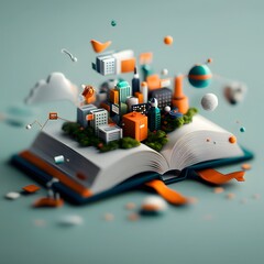 Poster - An open book acts as a gateway to a cityscape brimming with intricate architectural details digital innovations and a vibrant luminous palette symbolizing the blending of intellect urban dynamism