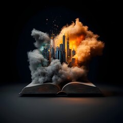 Poster - An open book acts as a gateway to a vibrant data driven cityscape  Intricate holographic visualizations swirl and flow through the urban environment blending the analog and digital in a stylized