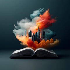 Poster - An open book acts as a portal to a vibrant futuristic cityscape filled with holographic data visualizations blending metropolitan architecture and digital innovation