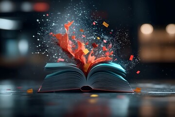 Poster - An open book bursting with vibrant energy serving as a gateway to a futuristic digital dimension filled with data currents and a conceptual cityscape symbolizing the power of technology and education