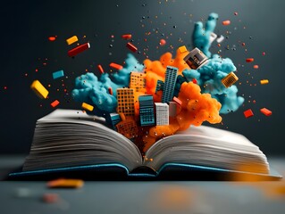 Poster - An open book bursts with a vibrant futuristic cityscape of towering skyscrapers and digital streams symbolizing the transformative power of knowledge and technology
