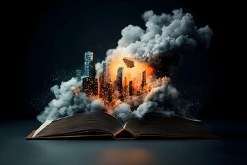 Poster - An open book emits luminous abstract data flows that transfigure a sprawling high tech metropolis evoking ideas of knowledge innovation and the power of technology