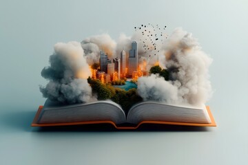 Poster - An open book exuding kaleidoscopic digital information currents that submerge a sprawling futuristic cityscape exploring ideas of data innovation and the digital revolution