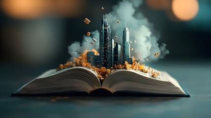 Poster - An open book floats its pages filled with intricate data visualizations that spill out into a dreamlike cinematic cityscape of towering skyscrapers and a surreal cyberpunk inspired urban landscape